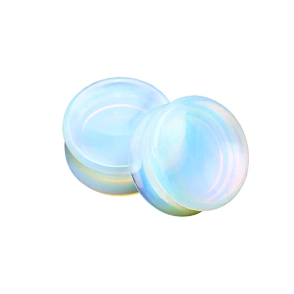 White opalite ear gauges stone plugs gemstone studs saddle flared (pair) - Picture 1 of 2